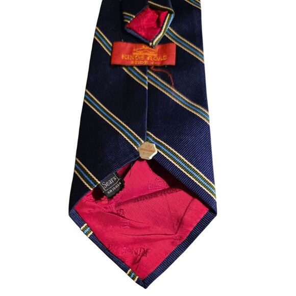 Vintage Repp Necktie Kings Road Sears Mens Navy Green & Yellow Silk - Picture 8 of 9